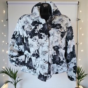 Attitude Vtg Floral Black and White Women's Cotton Spandex Denim Jacket Size XL